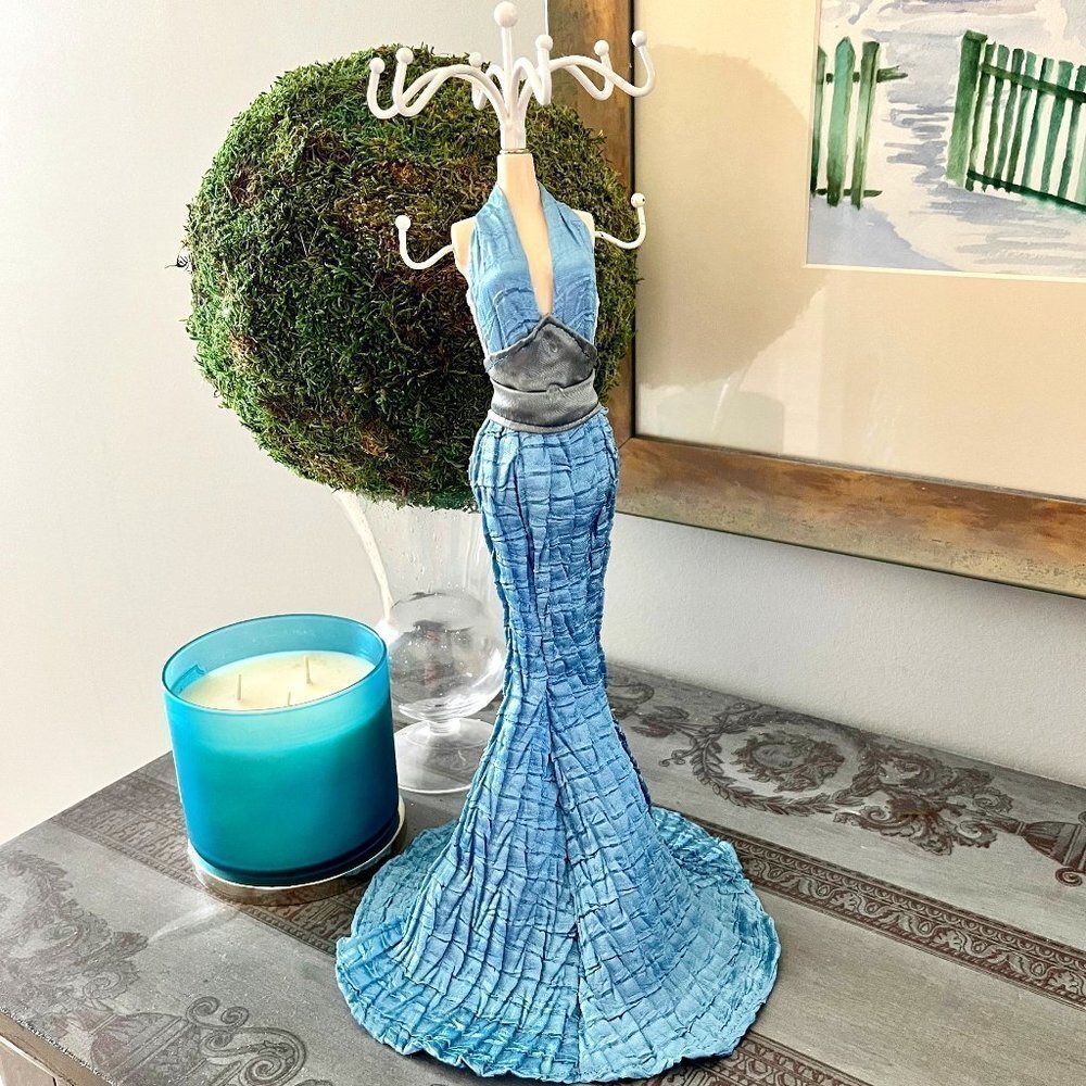 BLUE Doll In Evening Dress Jewelry Stand Holder Mannequin EUC